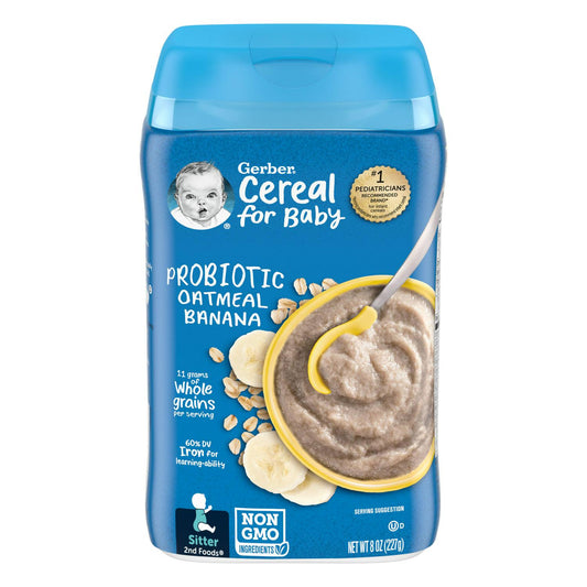 Gerber Cereal for Baby Probiotic Oatmeal Baby Cereal, Banana, 8 oz Canister (6 Pack)