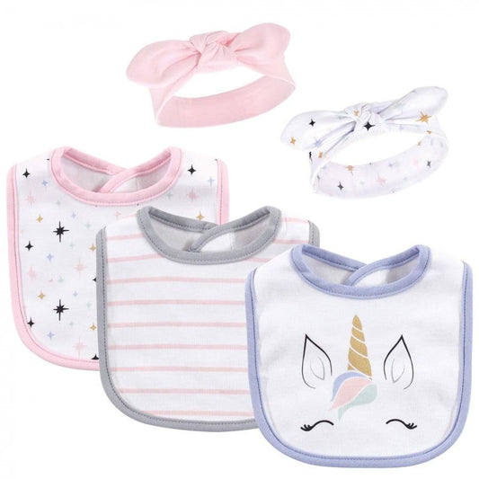 Hudson Baby Infant Girl Cotton Bib and Headband Set 5pk, Unicorn Lashes, One Size